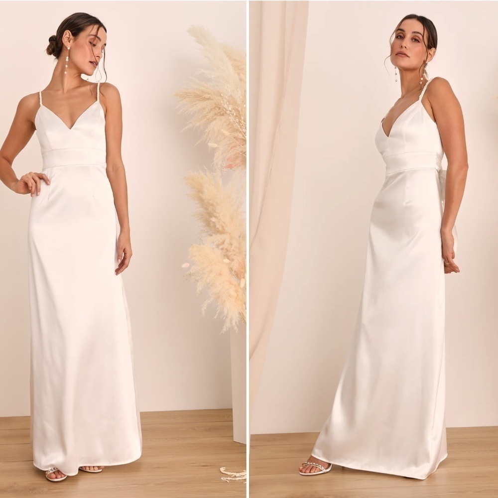 LULU's Bridal Modern Sexy Chic Minimalist Satin Mermaid Trumpet Maxi Gown NWOT - Picture 4 of 4